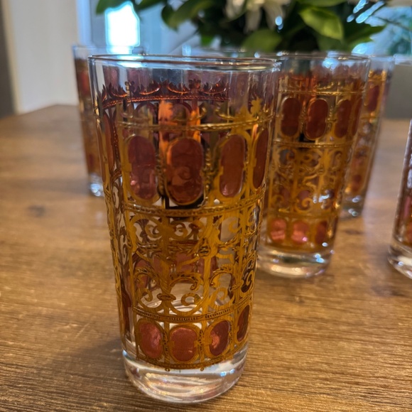 Stunning Vtg Mid-Century Fired Enamel Gold & Translucent Red Highball Glass (6) - Picture 3 of 7